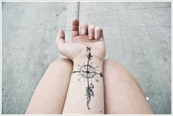 compass with feather tattoo designs