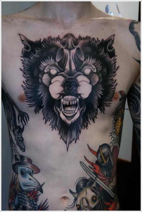 Neotraditional wolf tattoo on the chest