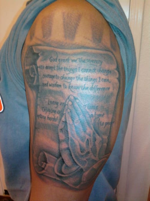 Praying Hands And Cloud Sleeve Tattoo