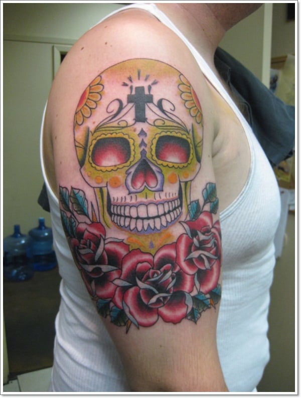 Day of the Dead Skull with Flowers Tattoo Design Poster for Sale by Tred85   Redbubble