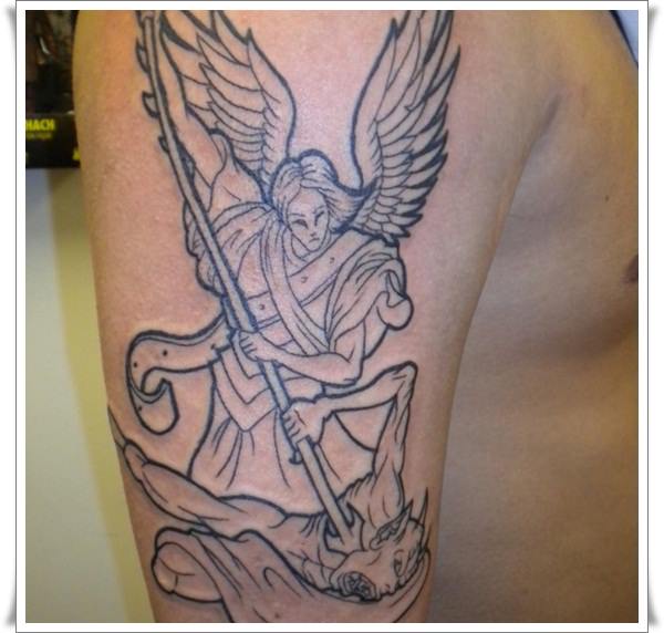 Cool Black Ink Archangel Michael Tattoo On Forearm