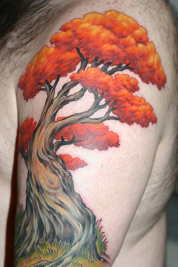Black Ink Tree Tattoo On Left Ankle