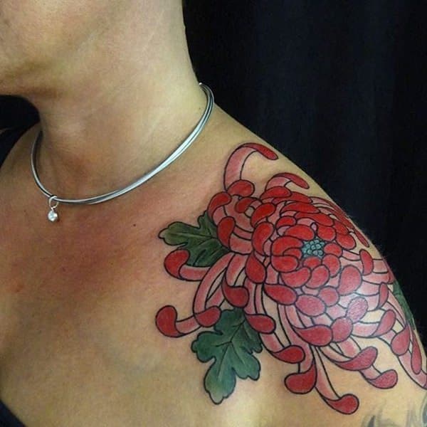 Red Chrysanthemum Thigh Tattoo