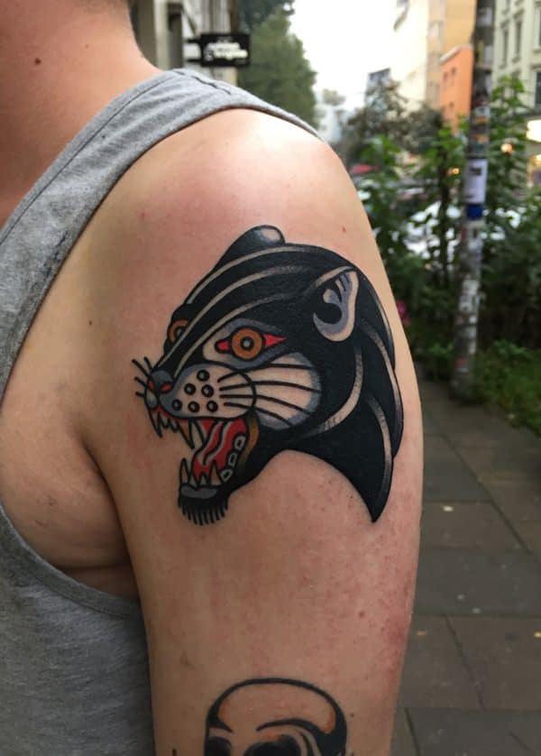 Traditional panther head by Wick Collins guest spot at Blue Lady Tattoo  Melbourne  rtattoos
